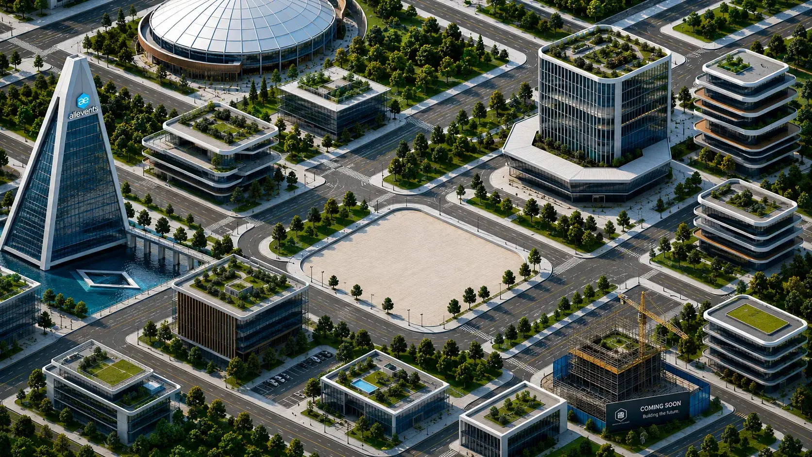 Miniature isometric city, with Avetria AI, AllEvents, and Glint's marks on their buildings